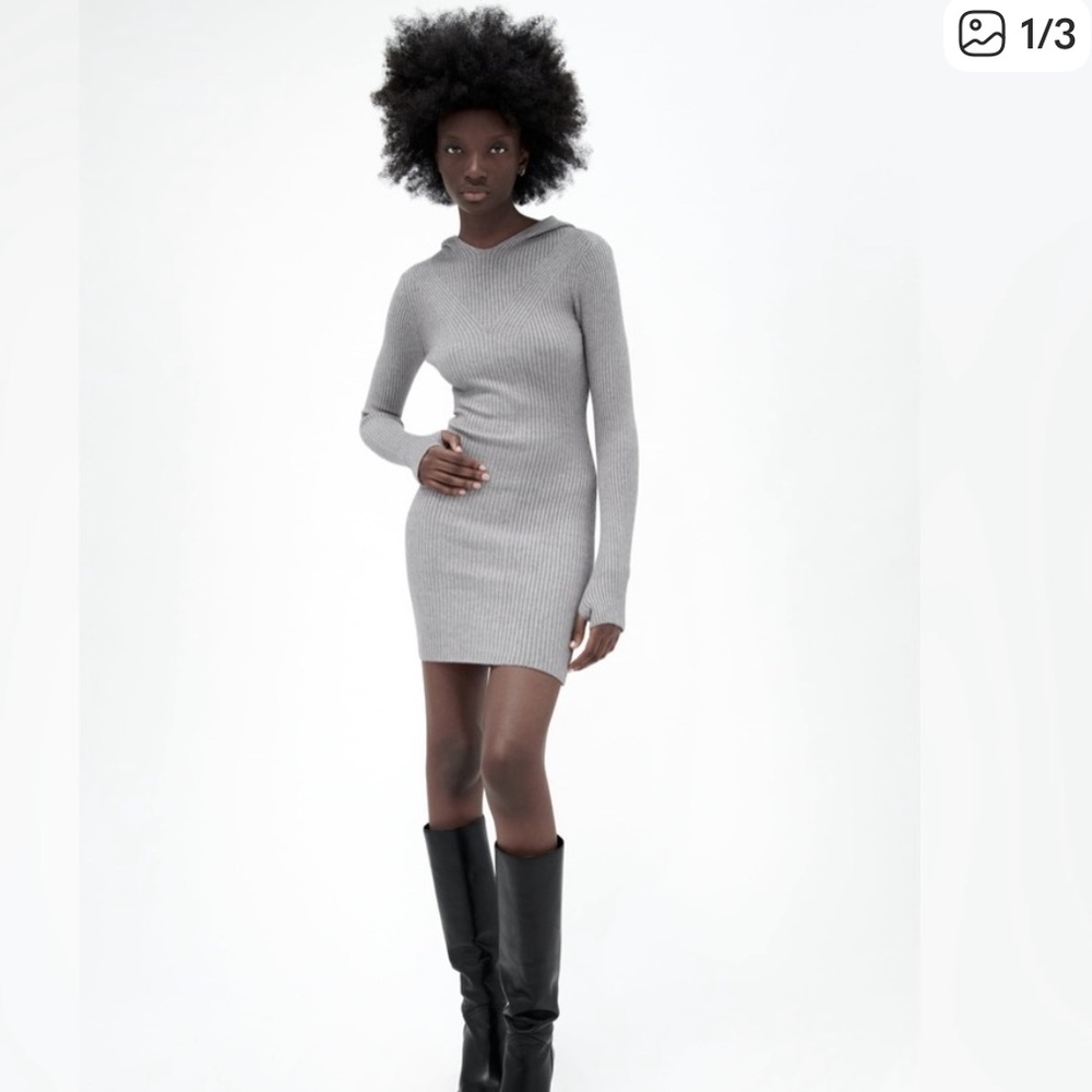 Zara Gray Ribbed Knit Long Sleeve Hooded
Mini Dress